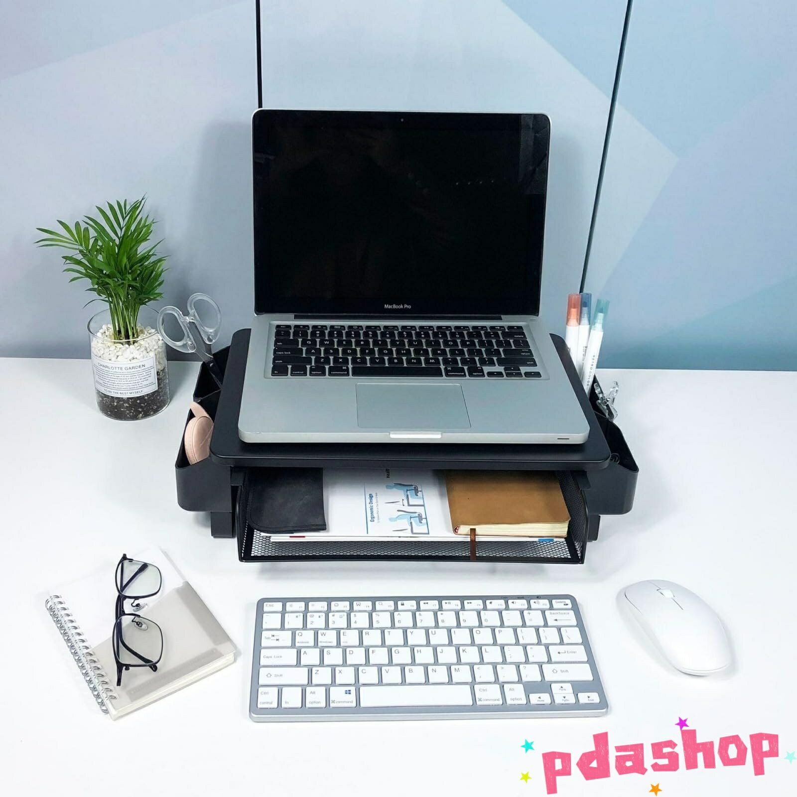 【全品2点で5%OFF】ノートパソコンスタンド モニター台 引き出し A4 THKJ スマホスタンド スチール製 耐荷重15kg コンパクト C 引き出し付き+サイド収納