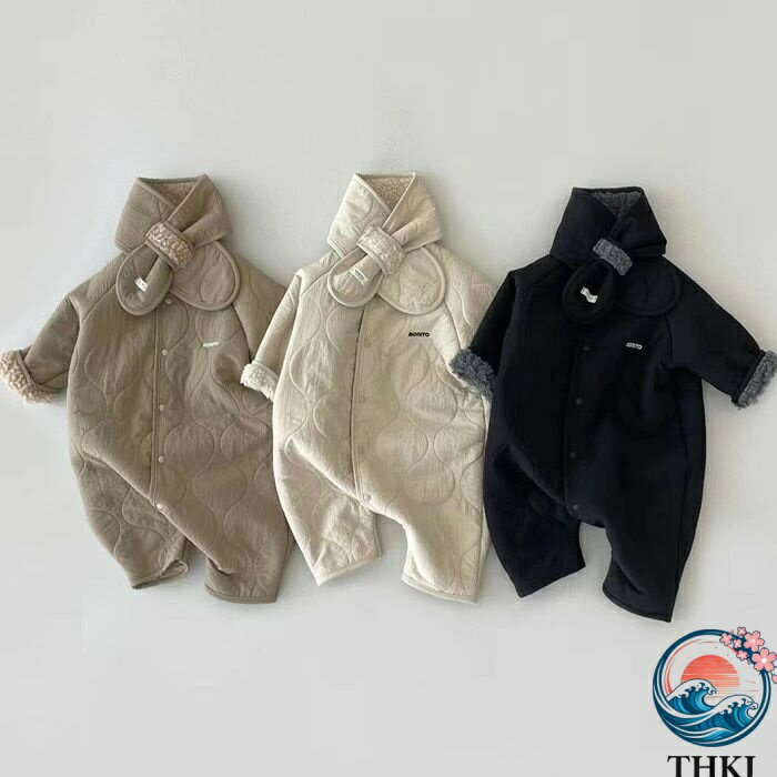乐天商城 - 【全品5%ポイント】ロンパース 長袖 マフラー付き ベビー ベビー服 女の子 男の子 カバーオール キッズ 綿 コットン 裏起毛 裏ボア アウター 防寒 子供服