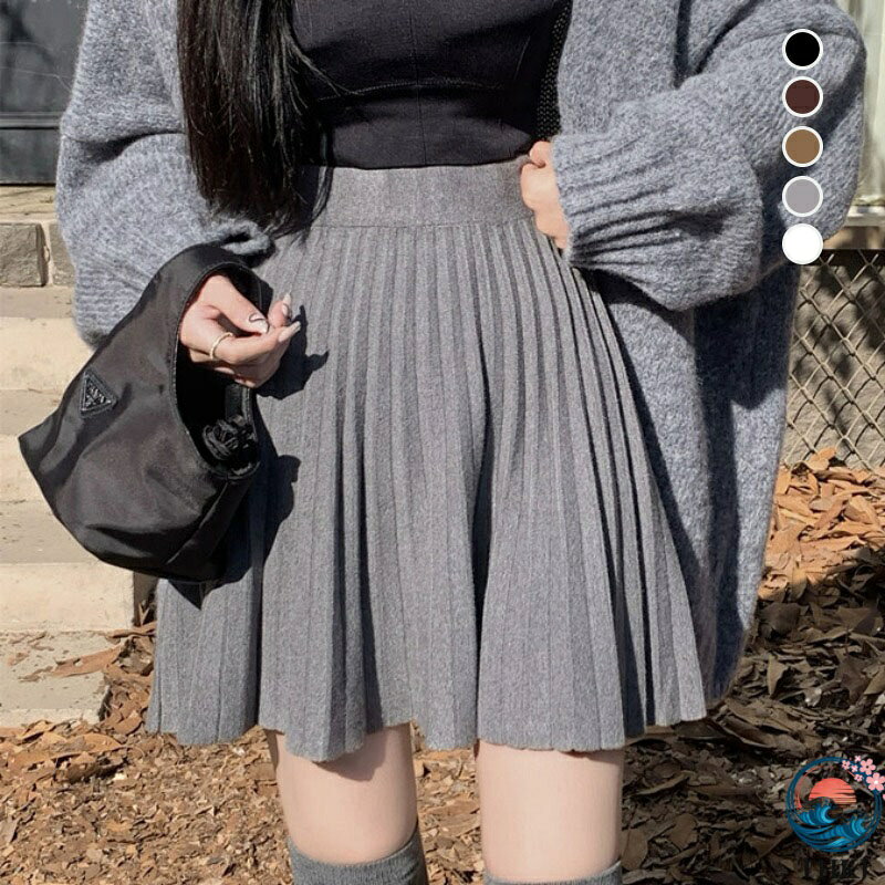 乐天商城 - 【全品5%ポイント】プリーツスカート ニットミニスカート スカート レディース ニットスカート ハイウエスト リブ 体型カバー ゆったり Aライン 大人 女子 縦長効果 通勤