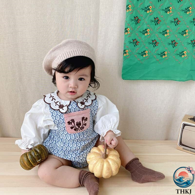 Rakuten - 【全品5%ポイント】【2点セット】ロンパース ブルー 66 73 80 90cm パープル オーバーオール THKJ シャツ 韓国子供服 子供服 綿 カジュアル 送料無料 写真 撮影 人気 おすすめ