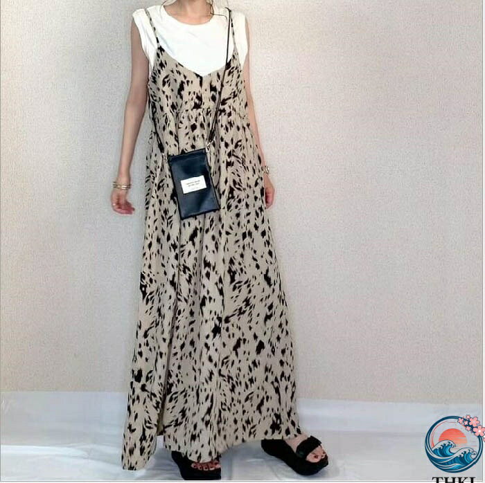 PDA shopの【全品5%ポイント】ワンピース レディース 秋 夏 春 キャミワンピース ダルメシアン柄 サロペット Aライン オールインワン きれいめ リゾートワンピース｜アングル3