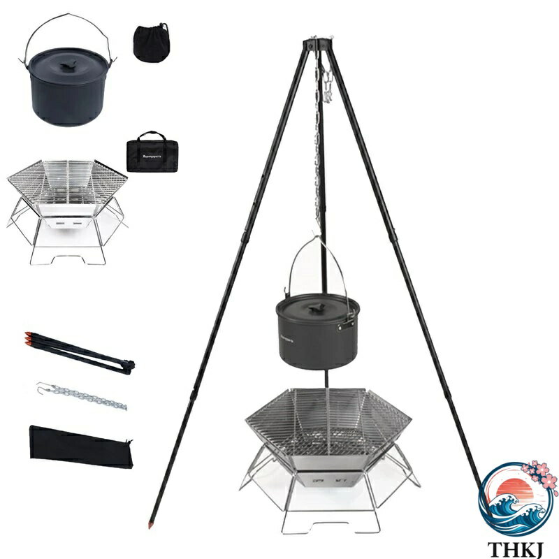 高度三段階調整可能：ポールの高さは自由に調整でき、使用状況に応じて1段階から3段階まで自由に変更できます！ ? 高品質：アルミ合金製のポールを使用しており、軽量かつ頑丈です。三角形の構造により、非常に安定性があります。チェーンの長さを変更するだけで、火と鍋の間の距離を調整できます。 ? 調整可能な吊りチェーンで、高さを自由に調整できます。調整可能な吊りチェーンと伸縮式のカプセルデザインが採用されています。個別の収納バッグが付属しており、持ち運びや保管が便利です。 ? 二点セット：吊り鍋 + アルミ合金製の強靭な三角スタンド。 ? 三点セット：焚き火炉 + 吊り鍋 + アルミ合金製の強靭な三角スタンド。お客様のニーズに応じて選択でき、すべて一度に購入できます。 ダッチオーブン ハンディトライポッド 吊り下げ料理に適合な三脚スタンド 二点セット/三点セット 焚き火炉、吊り鍋、アルミ合金製の強靭な三角スタンド 、ダッチオーブンや鍋料理に、焚き火用に パイプを繋げるだけの簡単設営 キャリーバッグ付 二点セット：吊り鍋 + アルミ合金製の強靭な三角スタンド。 三点セット：焚き火炉 + 吊り鍋 + アルミ合金製の強靭な三角スタンド。お客様のニーズに応じて選択でき、すべて一度に購入できます。 注記： 1.測定ツールが異なるため、1〜3mmの測定誤差はご了承ください。 2.モニターや照明効果の違いにより、実際の商品の色は写真の色と多少異なる場合があります。