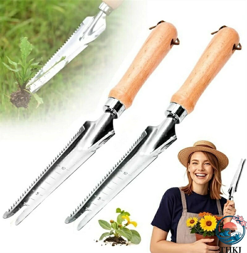 【全品2点で5%OFF】草むしり道具 雑草抜き 根こそぎ 5in1多機能ツール 目盛り付き THKJ 防錆 ステンレス 木製ハンドル 片手用 除草道具 芝生 庭 農場 園芸用品