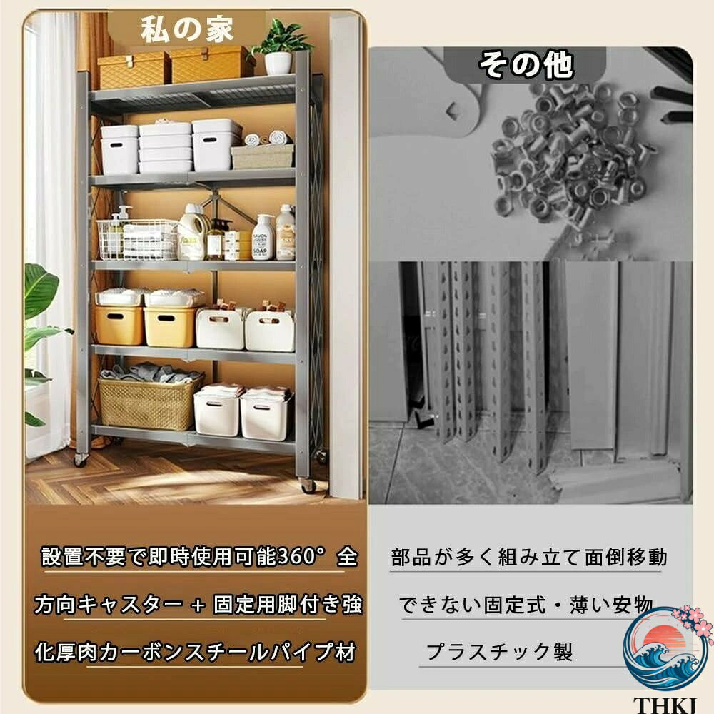 【全品5%ポイント】ラック 収納棚 スチールラック 折りたたみ キッチン棚 大容量 キャスター付き 移動可能 組立簡単 完成品 家庭用 オープン棚 金属製 [2]