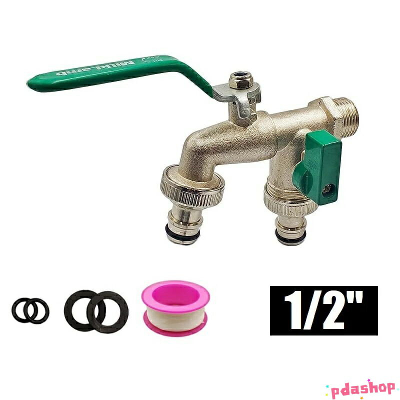 【全品2点で5%OFF】1/2 ガーデン 中庭 二股蛇口 双口水栓 洗濯機用水栓 2口 分岐栓 分岐付き 二口横水..