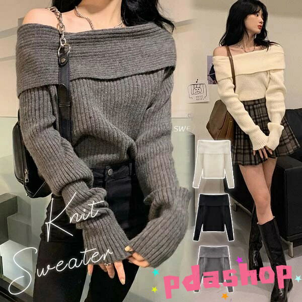 樂天商城 - 【全品5%ポイント】ニットセーター オフショルダー オフショルニット THKJ 春秋風 長袖 ドロップショルダー レディース 大人 レースアップ フェミニン