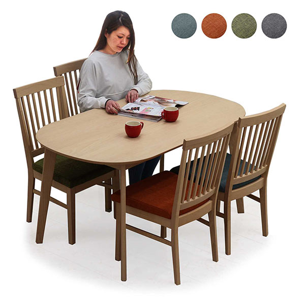 北欧 北欧風 ダイニングテーブル 5点セット ダイニングテーブルセット 4人掛け 幅140 140x80 モダンダイニング ビーチ材 ブナ 天板 丸み ファブリック張地 布地 北欧スタイル チェア 4脚 グレー オレンジ グリーン ブルー おしゃれ シンプル モダン
