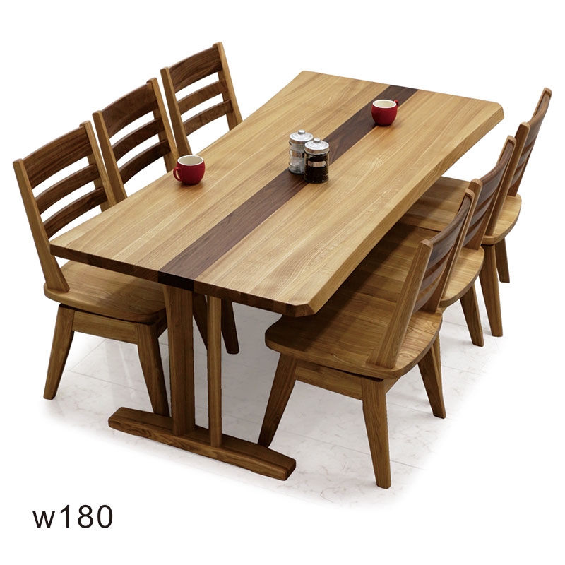 北欧 ダイニングテーブルセット 回転椅子 6人掛け 無垢材 幅180cm タモ無垢材 アッシュ材 回転 ダイニングチェア 回転チェア 回転いす 板座 T字脚 二本脚 脚間調整 内側 外側 取付可能 ダイニングテーブル 7点セット おしゃれ 北欧スタイル 和 モダン 和室 洋室