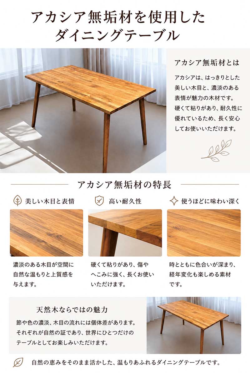 ダイニングテーブルセット 4人掛け 4点セット 幅140cm ダイニングセット 北欧 天然木 アカシア無垢材 ベンチ付き 幅115cmベンチ チェア2脚 板座 木製 食卓セット ウレタン塗装 ナチュラル モダン おしゃれ 北欧スタイル [3]