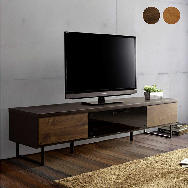 Low Board - おしゃれ ローボード テレビ台 テレビボード 幅175cm 脚付き 完成品 フラップ扉 強化ガラス ブラックアイアン脚 引き出し フルオープンレール付き 国産 ナチュラル ブラウン 選べる2色 バイカラー ツートン AV収納 デッキ収納 収納力 日本製 大川家具 送料無料
