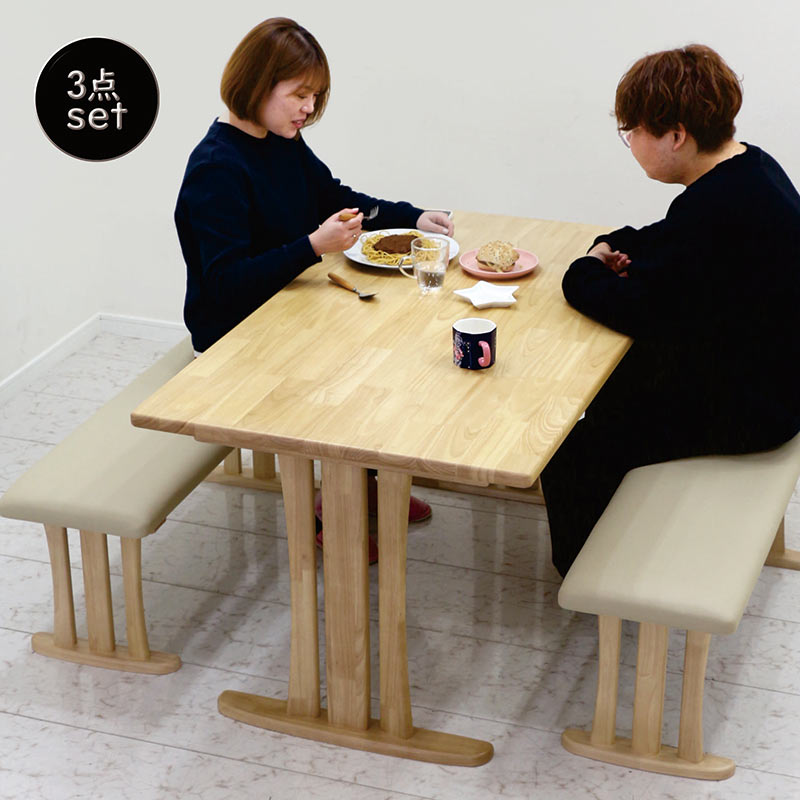 ダイニングテーブルセット 4人掛け ベンチ 無垢 幅140cm 140x80 ラバーウッド材 天然木 合成皮革 二本脚 T字脚 ダイニングテーブル セット 角丸 テーブル ダイニングテーブル 3点セット 食卓セット おしゃれ 北欧 コンパクト 省スペース カジュアル モダン 高級感 和室 洋室