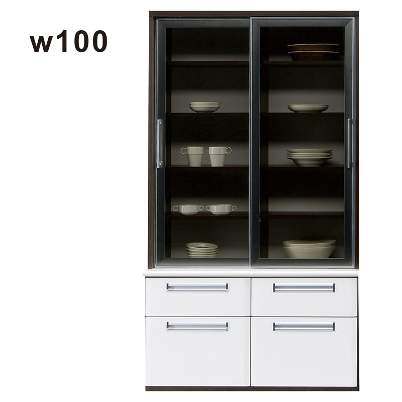 乐天商城 - 食器棚 幅100cm スライド 引き戸 大川家具 キッチン 収納 引き出し ストッカー カップボード キッチンボード ダイニングボード キッチンマルチ収納 スライド扉付き食器棚 大容量収納 フリーボード 完成品 ホワイト ブラウン 光沢 艶 シンプル おしゃれ 清潔感 国産 日本製