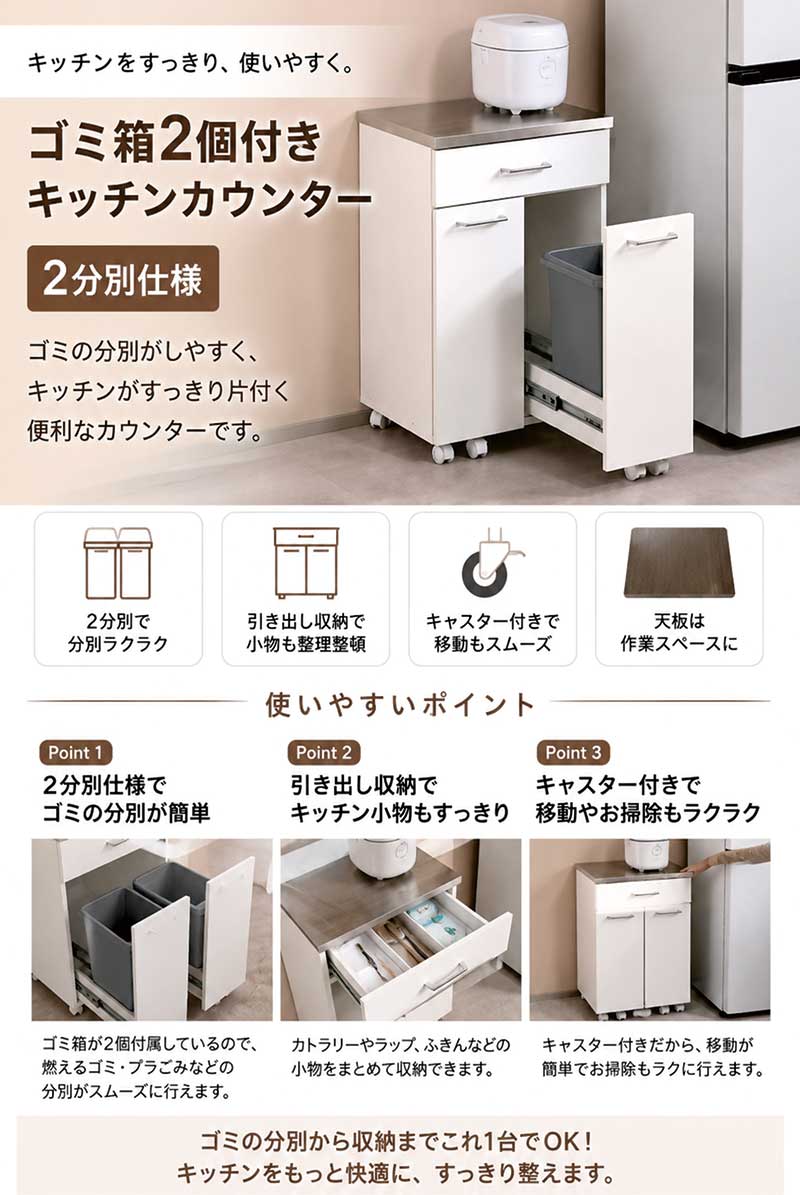 キッチンカウンター ゴミ箱 ダストボックス収納 2分別 完成品 ステンレス天板 キャ...