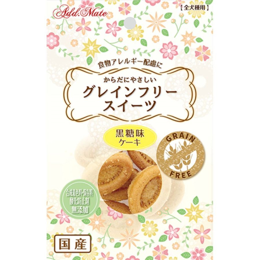 商品説明 食物アレルギーに配慮し、グレインフリー。保存料・合成着色料・酸化防止剤は無添加。 ■原材料：卵類、植物性油脂、黒糖加工品、砂糖、でんぷん分解物、加工でんぷん、グリセリン、ソルビトール、膨張剤 ■成分：たんぱく質：1.5％以上、脂質：14.0％以上、粗繊維：0.5％以下、灰分：2.0％以下、水分：30.0％以下、ナトリウム0.5g以下 ■カロリー：398Kcal/100g ■内容量（重量）：30g ※メール便は2袋まで こちらの商品は取り寄せの為、発送に日時がかかる場合がございます。 検索キーワード：アドメイト/犬/犬用品/ペット用品/ペット用フード/フード/国産/犬/いぬ/イヌ/ドッグ/ケーキ/おやつ/グレインフリー