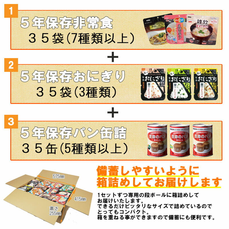 5人用/7日分(105食) 非常食セット アルファ米/パンの缶詰（家族5人分 3日間生きのびる 防災食セット 防災 食品 尾西 携帯おにぎり サタケ 安心米 5年保存食セット 防災セット 防災グッズ 災害備蓄用パン 生命のパン 防災用品 非常用 備蓄品 帰宅困難者対策 避難セット)