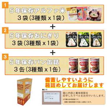 3日分(9食) 非常食セット A4サイズBOX入り アルファ米/パンの缶詰（3日間生きのびる 防災食セット 防災 食品 尾西 携帯おにぎり サタケ 安心米 保存食セット 防災セット 防災グッズ 災害備蓄用パン 生命のパン 防災用品 非常用 備蓄品 帰宅困難者対策 避難セット)