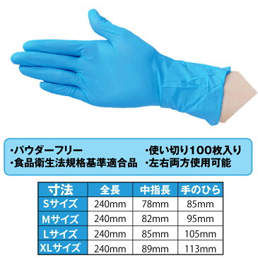 ニトリル手袋 100枚入 パウダーフリー 食品衛生法適合品 S M L XL ブルー 粉なし ニトリルグローブ ニトリルゴム手袋 使い捨て 左右兼用 パウダーなし 薄手 業務用 食品加工 介護用 医療用 飲食業 水産業 美容 ウイルス対策 防災グッズ