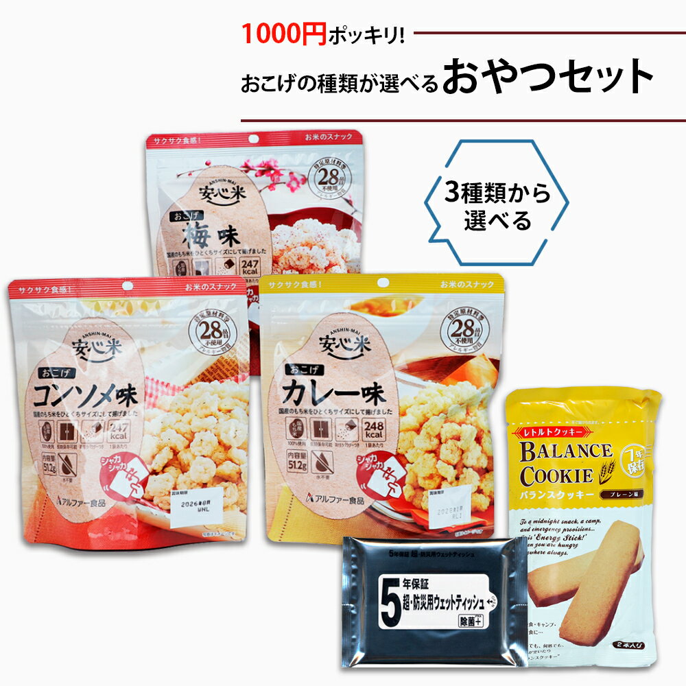 1000円ポッキリ! 3種類から選べる おやつセット 非常用 安心米おこげ コンソメ 梅 カレー ウェットティッシュ バランスクッキー 非常食セット 災害用 保存食セット 防災 おやつ お菓子 TYP02のサムネイル
