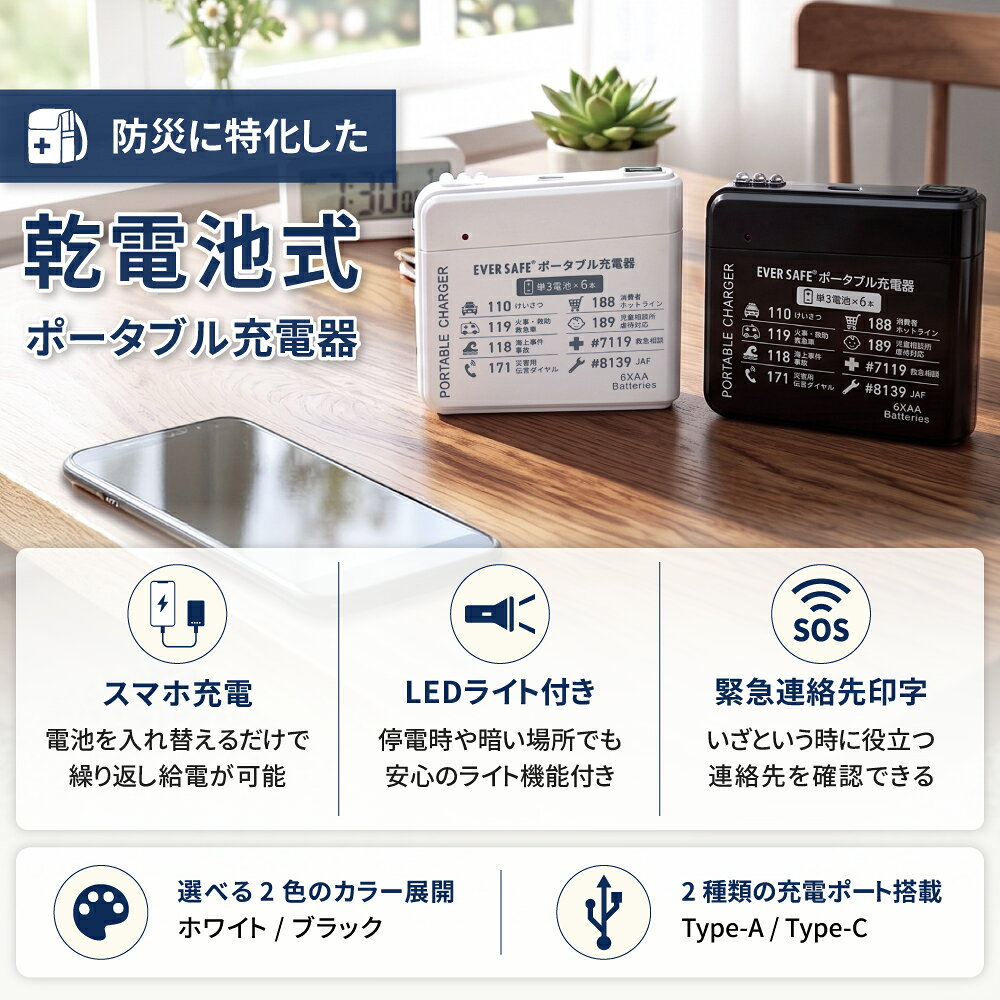 モバイルバッテリー 乾電池式ポータブル充電器 ホワイト ブラック 2個 防災グッズ 単3電池 軽量 スマホ 災害 停電 地震 台風 Type-c タイプc USB出力 LEDライト機能 アウトドア 充電器 EVERSAFE メール便3セット(6個)まで peaceup-10016446 防災用品・災害対策 ピースアップ サンプル画像2