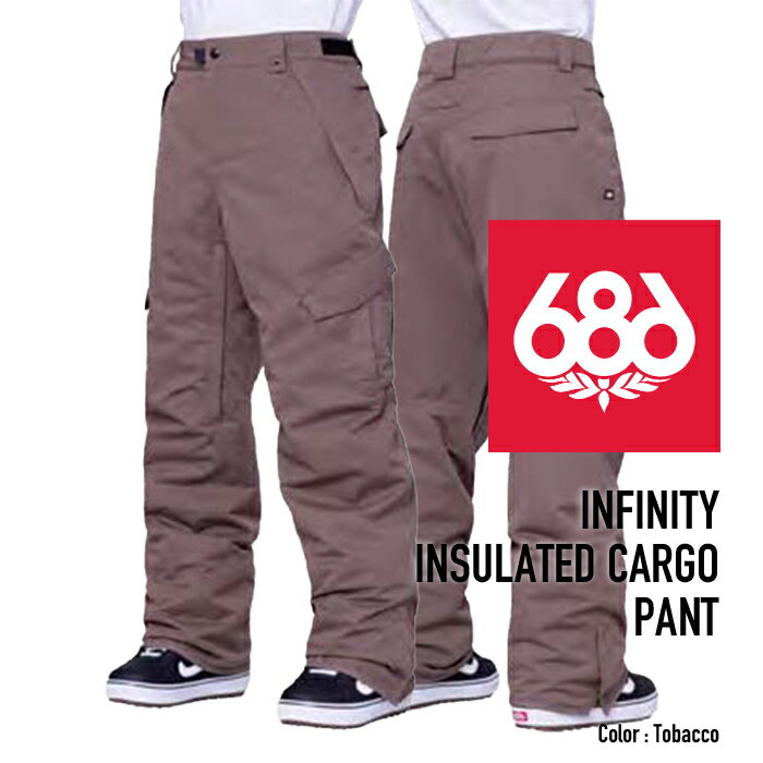 2023-24 686 MEN'S INFINITY INSULATED CARGO PANT Tobacco シックスエイトシックス ロクハチ スノーボードウェア メンズ カーゴパンツ 2024 日本正規品 【Brand】 686（sixeightsix）はカルフォルニアのロスでオーナ兼デザイナーであるマイク・アキラ・ウェスト氏によって1992年に産声をあげる。斬新な発想から生まれるユニークかつ機能的なデザインは、彼の繊細で的確なビジネスセンスとロスのダウンタウンで養ったアーティスト感・スノー・スケートに対する強い情熱が融合したもので、よりストリートを意識した革新的かつハイクオリティーなアウターウェアーは、今では全米でトップ3に入るほどコアなユーザーからの支持を得ている。 【Details】 ・2-Layer infiDRY® 10K Fabric + DWR ・500D Horseshoe Hem™ ・Air-Flo™ Inner Leg Vents ・Boot Gaiter and Boot Lace Hook ・Front Hand Pocket Inner Key Clip ・infiLOFT® Insulation (40g) ・Pant Jacket Connect™ System ・Reinforced Kick Panel ■MENS PNT OUTERWEAR FITGUIDE(単位cm) XS S M L XL XXL 適応身長 150-156 155-163 162-171 168-178 175-184 181-191 ウエスト 76-81 81-86 86-91 91-96 96-101 101-107 ヒップ 90-96 95-102 100-108 106-113 110-118 115-120 膝回り 48-50 50-52 52-54 54-56 56-58 58-60 裾回り 50-51 51-52 52-53 53-54 54-55 55-56 レングス 76-78 78-80 79-81 80-82 81-83 82-84 ※686はUSサイズ基準となっています。FIT GUIDEはメーカーが推奨するサイズの目安となりますが、実際に商品をご試着されることをお薦めいたします。商品によりサイズスペックが異なります。