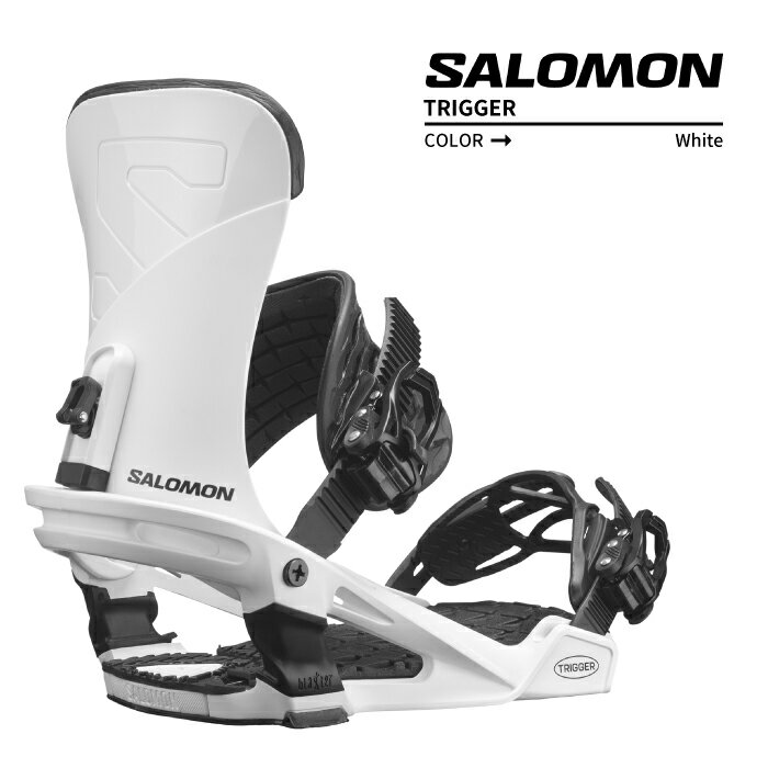 2023-24 SALOMON TRIGGER White サロモン トリガー ホワイト 白 スノーボード バインディング ビンディング メンズ 2024 日本正規品 【Brand】 1947年にスキーエッジの製造からスタート。リーディングブランドとして高いクオリティ、テクノロジーを持つスキーの技術を用いて1997年からスノーボードがスタートしました。発足当初から他社にはないサロモンスノーボードオリジナルのコンセプト、構造をリリースし続けています。現在もサロモンライダーたちと日々テストを繰り返し、最高のギアを提供することに注力しています。 【Details】 TRIGGERはFREE STYLE JIB JOINTのBLASTERで構成されたサスペンションシステムを搭載しています。激しい着地や固い雪での衝撃を軽減しシャドウストラップによる軽量化とレスポンスの向上、フル装備のEVAカントフットベッド、マイクロマックスアジャストメントを採用しています。TRIGGERは滑らかな乗り心地と多様な機能を提 供します。 BASEPLATE：Blaster Baseplate, Composite 30 %, Adjustable Toe Ramp, Universal Disc, IMS, Unite Disc Compatibility STRAP：Shadow strap, Locked-up Toe Strap, MicroMax Strap Adjustments HIGHBACK：Trigger, HB Filter, 12° pre-rotated shape PADDING：Full EVA, Canted Footbed RATCHET：MP Ratchet, Aluminum Buckle Lever サイズ目安( ブーツ適応サイズ ) XS S M L メンズ - 22.5-26cm 25.5-28.5cm 29-31.5cm レディース - 22.5-26cm 25.5-28.5cm 29-31.5cm ジュニア 19-22cm 22-23.5cm 24-25.5cm - ※サイズはメーカー推奨となりますので、ブーツの種類により対応サイズ内であっても入らない場合もございます。 Black Vibrant Yellow