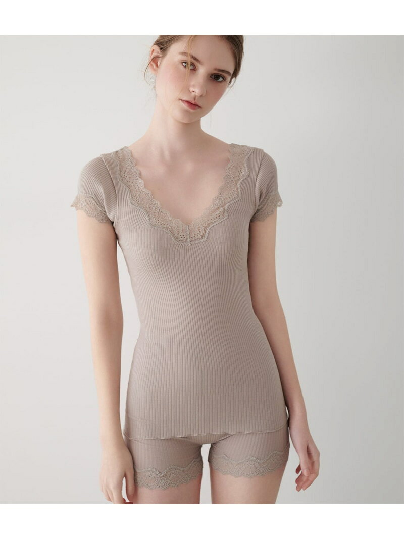 【Convenient deep V-neck】Organic cotton short-sleeved top (with underarm sweat pads) PEACH JOHN Peach John Innerwear & Loungewear Other Innerwear & Loungewear Pink White Black Gray 【Pre-order】*[Rakuten Fashion]