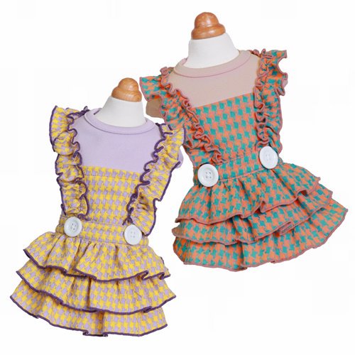 【GODPIVA】Hound Toothエプロン風ワンピース（HEAT加工）［ゴッドピバ］犬 服 ドッグウェア パフスリーブ 温感素材 防虫機能