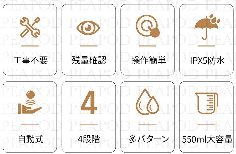 peapodの500ml 自動 泡 液体ジェル ソープディスペンサー 充電式 壁掛け 卓上 省スペース コンパクト 衛生管理 清潔 繰り返し 洗剤交換 残量確認 半透明タンク 急速反応 吐出量 4段階 切替 IPX5防水 自動清潔 詰まり防止 生活防水 手洗い キッチン トイレ バスルーム｜アングル3