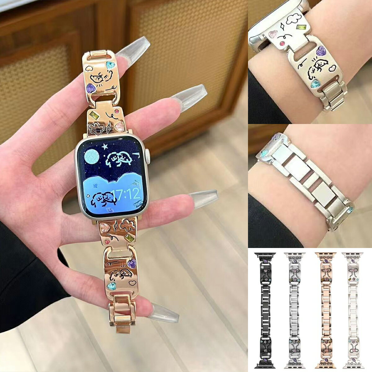 アップルウォッチ交換ベルト魅力的なデザインと機能性を兼ね備えた一品 高品質合金採用で耐久性抜群 高耐久の合金素材を使用し、長期間使用しても美しさが失われません。丈夫でありながら、優雅な輝きを持つこのベルトは、毎日使いたくなる上質さを誇ります。 二つ折れ式で簡単に着脱 二つ折れ式のデザインが、スムーズで簡単な着脱を実現。忙しい日常でも手軽に装着でき、使い勝手が良いのが特徴です。 簡単なサイズ調整、コマを外すだけでぴったりフィット 特別な工具は不要で、コマを外すだけでサイズ調整が可能。あなたの手首にぴったり合うサイズに素早く調整できるので、快適にご使用いただけます。 美しいジルコンとかわいい犬の柄で個性を表現 鮮やかなカラーのジルコンが飾られ、手元に華やかさを与えます。また、愛らしい犬の柄が施され、個性と遊び心をプラス。犬好きにはたまらないキュートなデザインです。 ★対応の機種★ Apple Watch Series 1 Apple Watch Series 2 Apple Watch Series 3 Apple Watch Series 4 Apple Watch Series 5 Apple Watch Series 6 Apple Watch SE (第1世代) Apple Watch Series 7 Apple Watch Series 8 Apple Watch Ultra Apple Watch SE (第2世代) Apple Watch Series 9 Apple Watch Ultra 2 Apple Watch Series 10 ◆サイズ一覧◆ アップルウォッチ ウルトラ1/2 （49mm） アップルウォッチ10（42mm/46mm） アップルウォッチ9 (41mm/45mm) アップルウォッチ8 (41mm/45mm) アップルウォッチ7 (41mm/45mm) アップルウォッチ6 (40mm/44mm) アップルウォッチSE/SE2 (40mm/44mm) アップルウォッチ5 (40mm/44mm) アップルウォッチ4 (40mm/44mm) アップルウォッチ3 (38mm/42mm) アップルウォッチ2 (38mm/42mm) アップルウォッチ1 (38mm/42mm) ★★★注意事項★★★ ご使用のモニターによって、商品の色合いに差が生じる場合がありますことをご了承ください。 生産ロットによっては、事前の予告なく商品のグレードアップや仕様変更が行われる場合があります。ご了承ください。 ご購入前に、お選びいただいた商品の情報をご確認ください。商品の手配が開始された後で変更をご希望される場合は、交換料金が発生することをご了承ください。 ご購入後、商品には30日間の保証が付いております。もし初期不良があった場合、当社で対応いたします。ただし、ご利用中に発生した損害（例：落下や衝撃など）に関しては、保証の対象外となります。 ご購入後、店舗と商品についてのレビューをいただければ、保証期間を90日間延長いたします。 弊店では、ラッピングサービスを提供していますが、商品を購入される際には必ずラッピングの選択肢をご利用いただくようお願いしています。そうでない場合、ラッピングの対応ができません。また、ラッピングをご希望の場合、発送までの時間が通常よりも長くかかる可能性があります。また、1つの注文で多数の商品を購入される場合、全ての商品に対してラッピングサービスを提供することができない場合がありますので、ご了承ください。