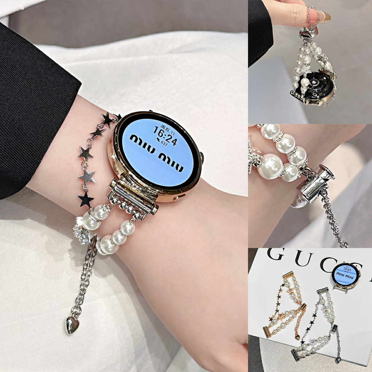 エレガントで華やかなスマートウォッチ交換ベルトダブルチェーンデザインで華やかさをアップダブルチェーンデザインが手元に豪華で華やかな印象を与えます。どんなシーンでも一目を引く、上品なアクセント。真珠とラインストーンで煌めく美しさ真珠を採用し、さらにキラキラ輝くラインストーンを飾ったデザインが、女性らしさを引き立て、手元を華やかに演出します。合金ベースで耐久性も抜群合金ベースを使用しており、軽量ながらも耐久性があり、長期間使用しても色あせることなく美しさを保ちます。星形の飾りでロマンチックな魅力星の形をした美しい飾りが、アクセントとなり、全体のデザインにロマンチックで幻想的な雰囲気をプラス。スライド式ボタン金具で簡単にサイズ調整スライド式のボタン金具で、サイズ調整が簡単。自分の手首にぴったりフィットさせることができ、快適に着用できます。日常使いから特別な日のコーディネートまで、どんな場面でも映えるスマートウォッチ交換ベルト。上品でありながら、華やかさと機能性も兼ね備えた一品です。対応の機種HUAWEI Band 9HUAWEI Band 8HUAWEI WATCH FIT 3HUAWEI WATCH FIT 2HUAWEI WATCH FITHUAWEI WATCH GT 5 46 mmHUAWEI WATCH GT 5 41 mmHUAWEI WATCH GT 4 46 mmHUAWEI WATCH GT 4 41 mm注意事項ご使用のモニターによって、商品の色合いに差が生じる場合がありますことをご了承ください。生産ロットによっては、事前の予告なく商品のグレードアップや仕様変更が行われる場合があります。ご了承ください。ご購入前に、お選びいただいた商品の情報をご確認ください。商品の手配が開始された後で変更をご希望される場合は、交換料金が発生することをご了承ください。ご購入後、商品には30日間の保証が付いております。もし初期不良があった場合、当社で対応いたします。ただし、ご利用中に発生した損害（例：落下や衝撃など）に関しては、保証の対象外となります。ご購入後、店舗と商品についてのレビューをいただければ、保証期間を90日間延長いたします。弊店では、ラッピングサービスを提供していますが、商品を購入される際には必ずラッピングの選択肢をご利用いただくようお願いしています。そうでない場合、ラッピングの対応ができません。また、ラッピングをご希望の場合、発送までの時間が通常よりも長くかかる可能性があります。また、1つの注文で多数の商品を購入される場合、全ての商品に対してラッピングサービスを提供することができない場合がありますので、ご了承ください。