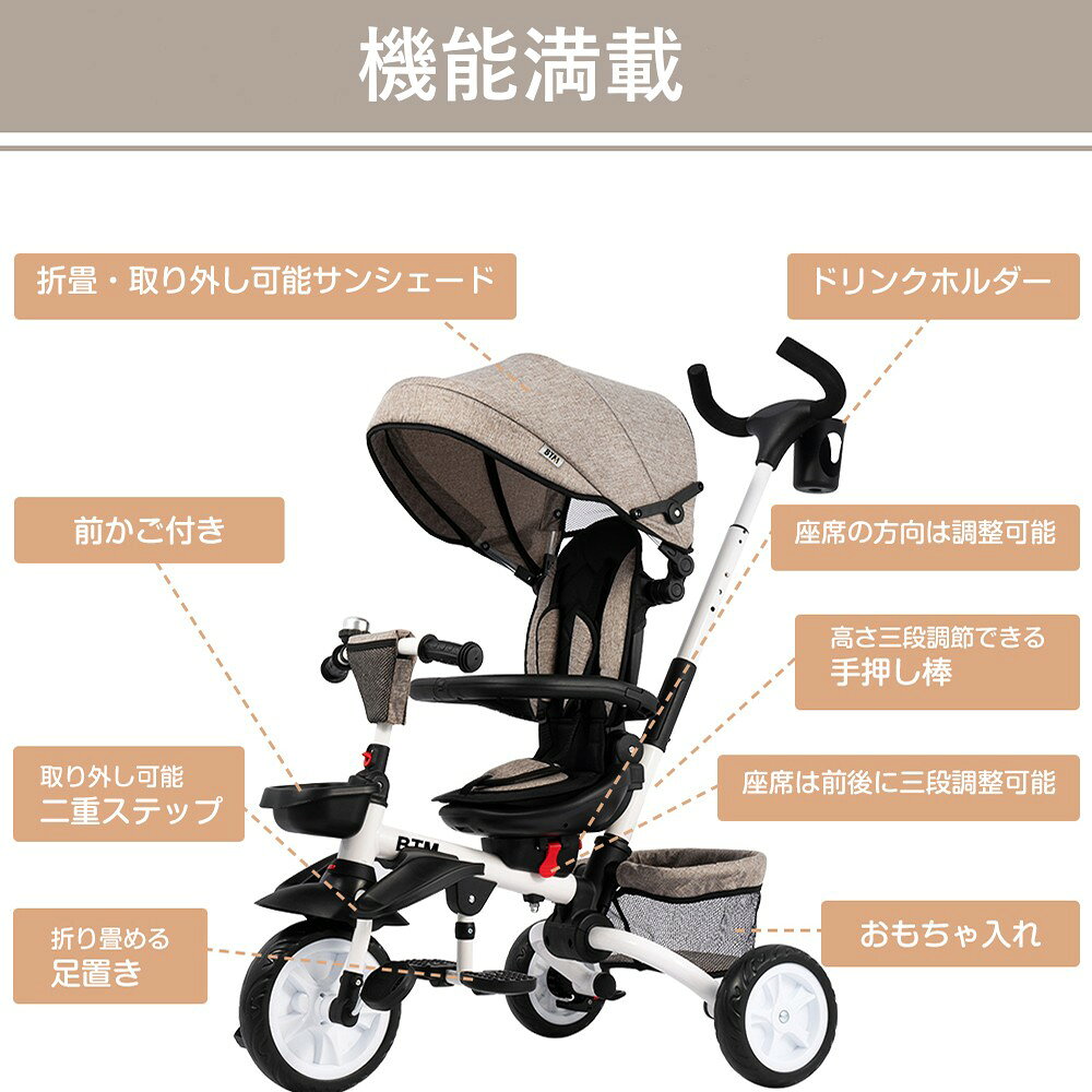 peapodの子供用三輪車 4in1 三輪車のりもの 折りたたみ 座面回転 対面可能 コントロールバー付き サンシェード付き 折り畳み 手押し棒 ペダル付き おもちゃ キッズバイク 自転車 乗用玩具 幼児用 軽量 誕生日 子供の日 クリスマス ギフト プレゼント｜アングル2