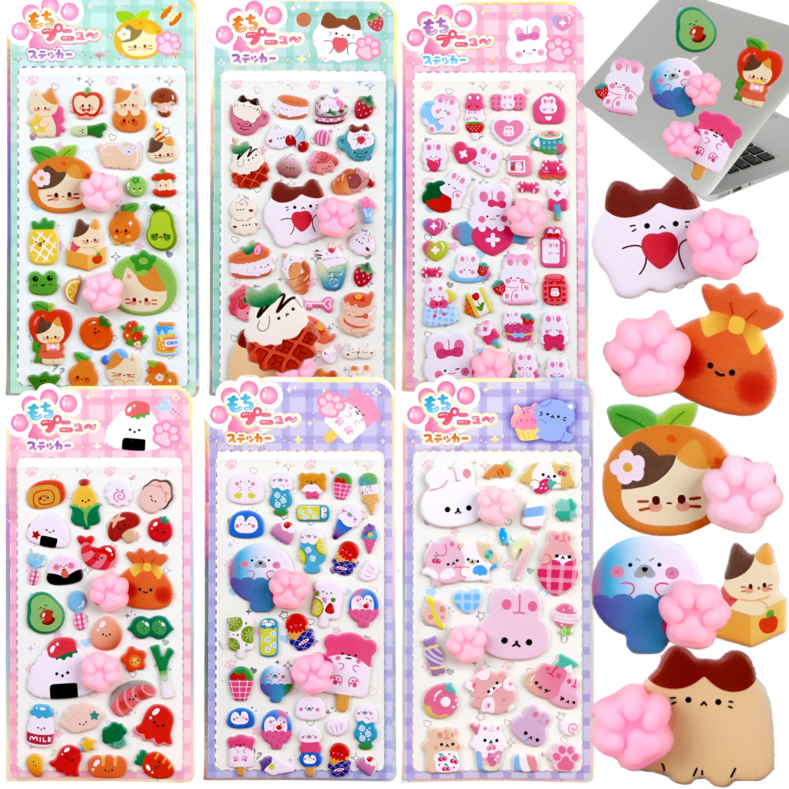 肉球 シール ぷにぷに 3D立体ステッカー 6枚セット ぷくぷくシール風 可愛い 猫の手 動物 キャラクター うさぎ クマ アイスクリーム 寿司 もちもち 肉球デザイン 手帳 スマホケース ノート DIY デコレーション 子供 女の子 ごほうび プレゼント ギフト peapod-10003594 peapod サンプル画像2