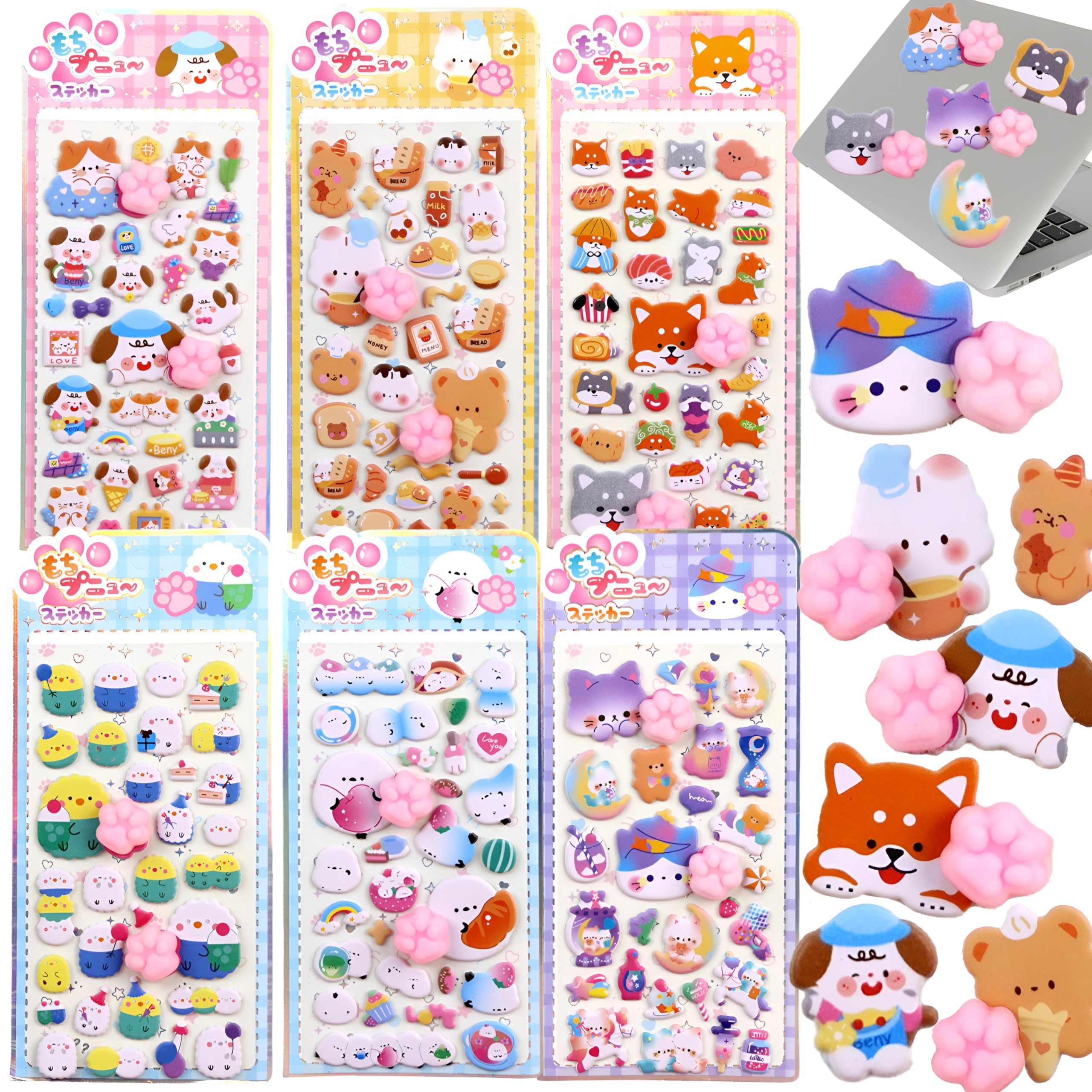 肉球 シール ぷにぷに 3D立体ステッカー 6枚セット ぷくぷくシール風 可愛い 猫の手 動物 キャラクター うさぎ クマ アイスクリーム 寿司 もちもち 肉球デザイン 手帳 スマホケース ノート DIY デコレーション 子供 女の子 ごほうび プレゼント ギフト peapod-10003594 peapod サンプル画像3