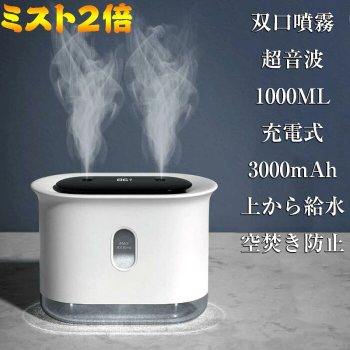 超音波 加湿器 ダブル噴霧口 1000ml 9時間連続作動 3000mAh電池 充電式 卓上 大容量 静音 省エネ 上から給水 ナイトライト コンパクト 空焚き防止 エコ 小型 節電 タッチセンサー 自動停止機能 寝室 LEDライト 花粉対策 乾燥対策 乾燥防止 水漏れしない