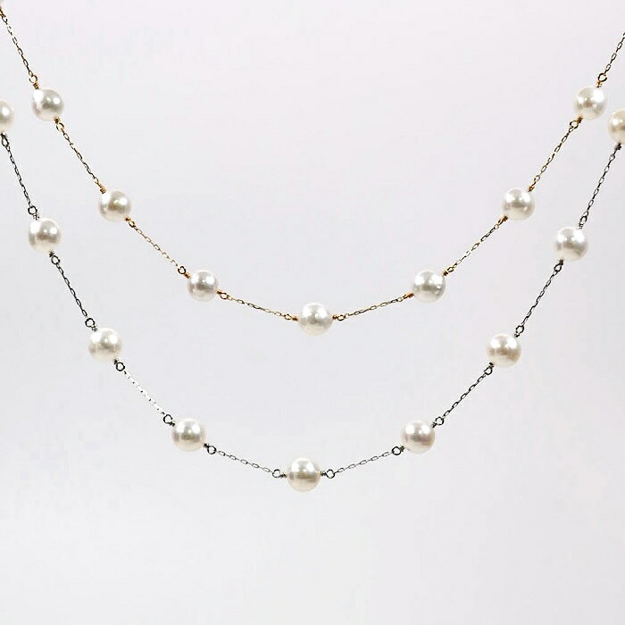 楽天Bouquet de Pearl【楽天スーパーセール】K18YG/Pt/SV アコヤ真珠 無調色 ステーションデザインネックレス P 約5.0-6.0mm 約45cm / テリ ベビーパール 18金 イエローゴールド プラチナ スライドチェーン 上品　きれい オフィス エレガント 華奢