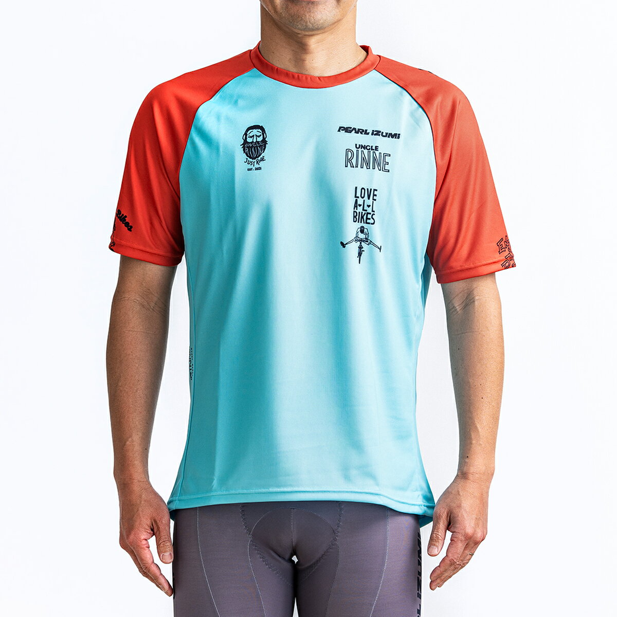 【予約商品・8月上旬お届け】リンネ×パールイズミ URCC フリージーTシャツ ターコイズ/オレンジ（バックポケット付きサイクル仕様Tシャツ）