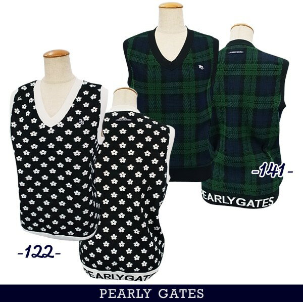 PEARLY GATES パーリーゲイツ"Something Old" ブラックウォッチ＆ネイビーor ドットデイジー レディース Vネックジャガードニットベスト 055-3173304/23A