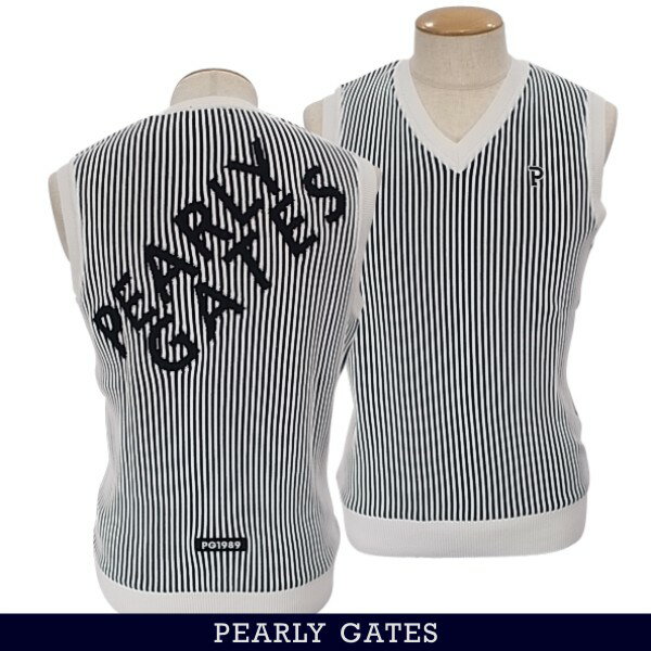 【NEW】PEARLY GATES パーリーゲイツロンスト柄ストライプ BIGバックロゴ！コットンビームメンズ Vネックニットベスト=JAPAN MADE= 053-3173203/23AF