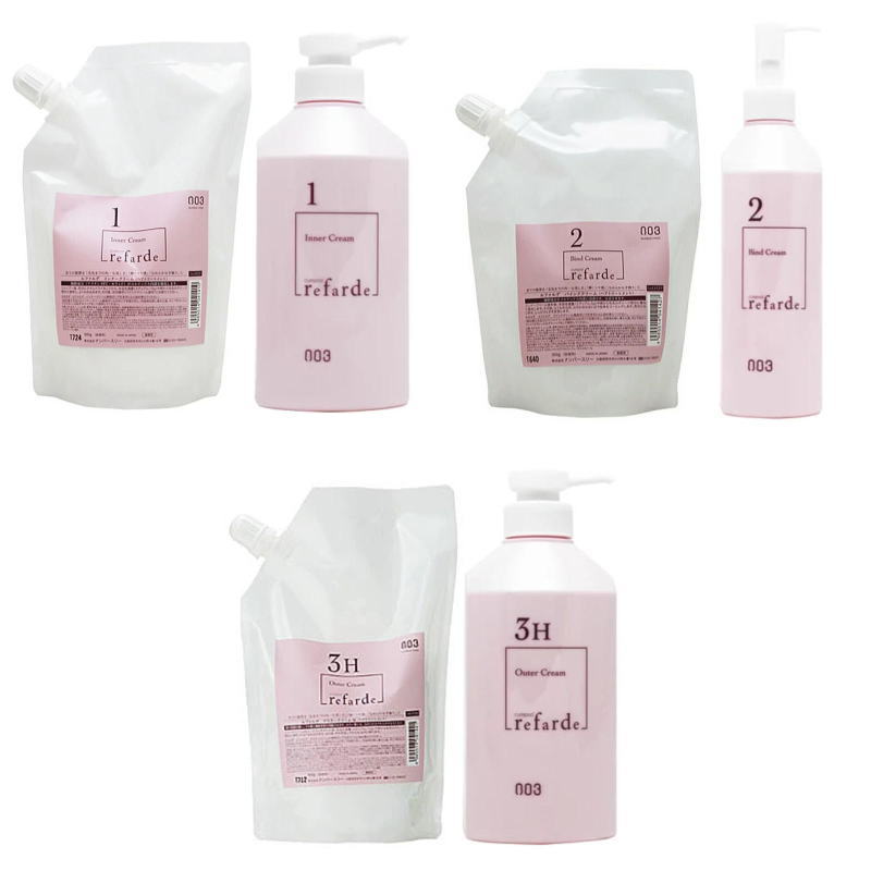 ナンバースリー　ルファルデ インナークリーム(500gリフィル)、バインドクリーム(300gリフィル)、アウタークリームH しっとり(500gリフィル)ボトル付セット