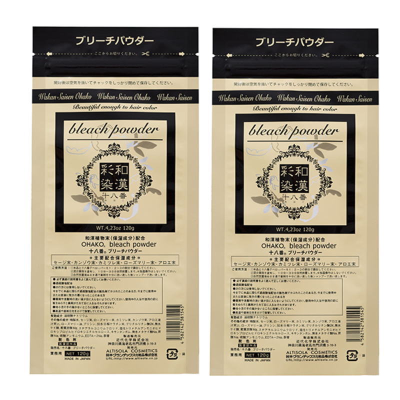 天然水とパウダーで、鮮やかな透明感のある色味と、髪本来のハリ・コシ感を出すことができる地肌に優しい第4のカラー。 アルカリ剤・界面活性剤・過酸化水素を使用しない「和漢彩染 十八番」が髪を優しく包み込みながら染め上げます。 【和漢彩染　十八番　ブリーチパウダー】 明度をコントロールするための、和漢植物エキスを配合したブリーチパウダーです。天然水とパウダーで、鮮やかな透明感のある色味と、髪本来のハリ・コシ感を出すことができる地肌に優しい第4のカラー。 アルカリ剤・界面活性剤・過酸化水素を使用しない「和漢彩染 十八番」が髪を優しく包み込みながら染め上げます。 【和漢彩染　十八番　ブリーチパウダー】 明度をコントロールするための、和漢植物エキスを配合したブリーチパウダーです。