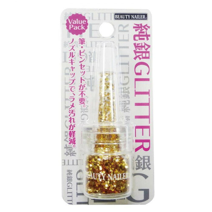 筆もピンセットもいらないラメグリッターです。ノズルキャップなので汚れも軽減。※モニターの設定などにより、実際の商品と色味や素材の見え方が異なる場合がございます。あらかじめご了承ください。商品区分雑貨サイズグリッターサイズ:Φ1mm個装サイズ：4.6×9.8×2.4cm重量個装重量：16g素材・材質PET仕様カラー:ゴールド生産国日本fk094igrjs