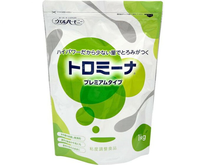 いつもより少ない量でとろみが作れて経済的です。乳製品・濃厚流動食にも。高粘度タイプにも関わらず溶けやすくダマになりにくい。使用量が減らせてコストの低減につながります。水・お茶・スポーツ飲料をはちみつ状のとろみをつける場合、従来の高粘度タイプの1/2の量で同じとろみがつきます(メーカー粘度試験を目安としています)。無味無臭なので素材の味を損なわず、おいしく召し上がりいただけます。アレルゲン(表示推奨品目含む)不使用。※乳製品では、強い粘度になりますので、お早めにお召し上がりください。【使用量の目安】お茶100mlにとろみをつける場合の使用量薄いとろみ(50-150mPa’s):0.5g中間のとろみ(150-300mPa’s):0.7g濃いとろみ(300-500mPa’s):1.0g※飲み込む力には個人差があり、とろみの強さが異なりますので医師、歯科医師、管理栄養士、薬剤師、言語聴覚士等の指導に従ってご使用ください。※果汁、牛乳、濃厚流動食においてはとろみがつくのに時間がかかる場合があります。※品質に万全を期しておりますが、開封時に内容物の色、におい、味に異常がみられる場合は使用しないでください。※ハイパワータイプのため、分量目安をご参考に入れすぎにはご注意ください。※開封後は密封して室温で保存し、冷蔵庫での保存は避けてお早めにご使用ください。※介護や介助の必要な方や、お子様の手の届かないところに保管してください。※のどに詰まるおそれがありますので、本品を粉のまま絶対に食べないでください。※本品を一度に大量に加えると、ダマが生じることがあります。ダマがある場合は取り除いてください。※本品を使用することで確実に誤えんが防げるものではありません。万一異常が感じられた時は、医師にご相談ください。内容量1kgサイズ個装サイズ：33.4×25.1×10.8cm重量個装重量：1040g成分栄養成分/(100g当たり)エネルギー200kcal、たんぱく質1.3g、脂質0.1g、炭水化物77.0g(糖質20.5g、食物繊維56.5g)、食塩相当量1.0〜5.7g仕様賞味期限:枠外右下に記載分量目安(お茶100mLに対して)フレンチドレッシング状:0.5gとんかつソース状:0.7gケチャップ状:1.0g賞味期間：製造日より720日生産国日本原材料名称：粘度調整用食品デキストリン(国内製造)/増粘多糖類保存方法直射日光、高温多湿を避け常温で保存してください。製造（販売）者情報製造所:ニュートリー株式会社販売者:株式会社ウエルハーモニーfk094igrjs