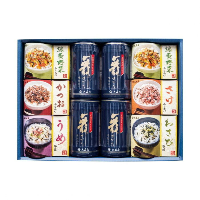 風味と口溶けの良い味付のりと、手軽にお使いいただけるお茶漬・ふりかけの個袋を詰合せました。サイズ個装サイズ：41×30×9cm重量個装重量：1210g仕様賞味期間：製造日より540日セット内容味付のり(10切32枚)4個・ふりかけ(緑黄野菜2.5g×10袋2箱・かつお・さけ各2.5g×10袋1箱)・茶漬(うめ6g×6袋・わさび5.6g×6袋各1箱)生産国日本原材料名称：卓上のり・お茶漬・ふりかけ詰合せアレルギー表示卵、乳、小麦、えび、ごま、さけ、さば、大豆（原材料の一部に含んでいます）保存方法常温保存製造（販売）者情報株式会社大森屋fk094igrjs