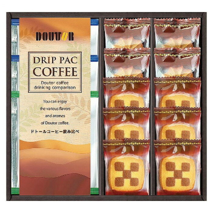 大人気のドトールコーヒーとバウムクーヘンなどの洋菓子をセットにしました。ドトールは深煎りブレンドとキリマンジャロブレンドの2種類を楽しめます。美味しい珈琲で優雅なカフェタイムをお楽しみください。内容量ドトールコーヒー(深煎りブレンド7g×2袋・キリマンジャロブレンド7g×1袋)・クッキー(チェス6枚・コーヒー4枚)サイズ個装サイズ：23×21×6.5cm重量個装重量：275g仕様賞味期間：製造日より180日セット内容ドトールコーヒー(深煎りブレンド・キリマンジャロブレンド)クッキー(チェス・コーヒー)生産国日本原材料名称：焼菓子・レギュラーコーヒー(粉)【チェスクッキー】小麦粉(小麦(アメリカ))、マーガリン、砂糖、液全卵、ココアパウダー、食塩/香料、酸味料、カロテン色素、(一部に小麦・卵・乳成分・大豆を含む)【コーヒークッキー】小麦粉(小麦(アメリカ))、砂糖、マーガリン、コーンスターチ、ショートニング、液全卵、コーヒー粉末、食塩/膨張剤、香料、カロテン色素、(一部に小麦・卵・乳成分・大豆を含む)【ドトールドリップコーヒー】深煎りブレンド:コーヒー豆(生豆生産国名:ブラジル、コロンビア、他)・キリマンジャロブレンド:コーヒー豆(生豆生産国名:タンザニア、ブラジル、他)アレルギー表示卵、乳、小麦、大豆（原材料の一部に含んでいます）保存方法直射日光を避け、常温にて保存してください。製造（販売）者情報販売者:株式会社CALM/岐阜県関市北福野町2-6-20fk094igrjs