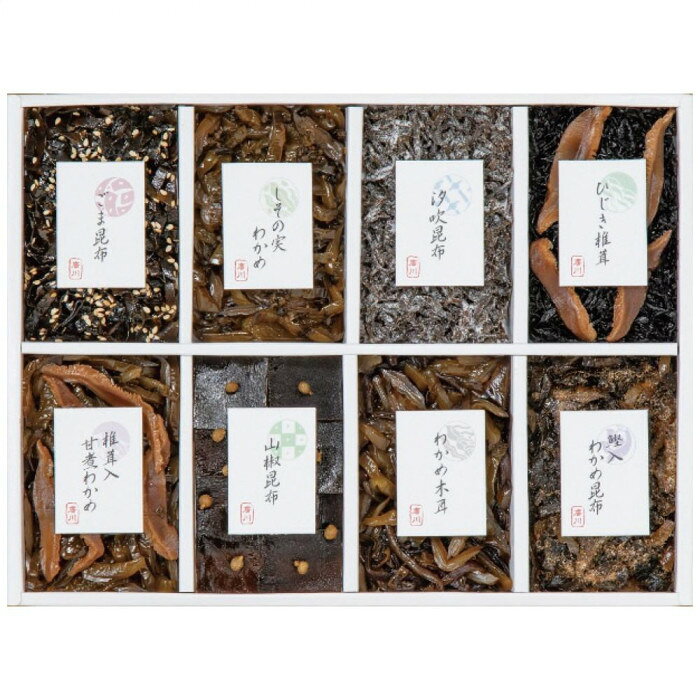 ふっくらとしっかりした味に炊き上げる事ができる「直火釜炊き製法」にて製造した佃煮の詰合せ商品です。その一品として、2020年に第65回全国水産加工たべもの展において大阪府知事賞を受賞した「鰹入わかめ昆布」が入っております。内容量(ごま昆布・しその実わかめ・山椒昆布・ひじき椎茸・椎茸入甘煮わかめ)各45g・汐吹昆布20g・(鰹入わかめ昆布・わかめ木耳)各50gサイズ個装サイズ：28×22×2.8cm重量個装重量：495g仕様賞味期間：製造日より300日生産国日本原材料名称：佃煮昆布・わかめ・ひじき・椎茸・木耳アレルギー表示小麦、ごま、さば、大豆、鶏肉、豚肉（原材料の一部に含んでいます）保存方法常温にて保存してください。製造（販売）者情報製造者:株式会社廣川大阪府松原市天美西3-3-49fk094igrjs