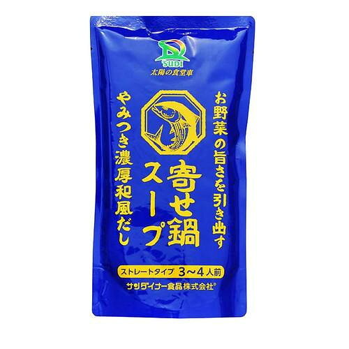 昆布と鰹だしがしっかりきいただしに魚介・椎茸だしを加えた、素材の美味しさを引き出す濃厚和風だしスープです。野菜を多めに入れると、より美味しく頂けます。お肉・魚介類・きのこ・野菜・その他お好みの具材を煮込んでお召し上がりください。※アレルゲン情報は、食品衛生法および食品表示法に定められた表示義務のある8品目、表示が推奨されている20品目の合計28品目を対象としています。※使用する原材料の変更などにより、当ページに掲載されているアレルゲン情報と製品パッケージに記載されている内容が異なる場合もございます。※ご購入、お召し上がりの際には、お手元の製品パッケージの表示でアレルゲン情報をご確認ください。内容量600gサイズ個装サイズ：27.5×47×26cm重量個装重量：13300g仕様賞味期間：製造日より300日セット内容20パック生産国日本栄養成分栄養成分表示(100gあたり)エネルギー:29kcalたんぱく質:2.1g脂質:0g炭水化物:5.1g食塩相当量:2.0g(推定値)原材料名称：鍋つゆ醤油(国内製造)、醗酵調味料、砂糖、ブドウ糖、昆布エキス、鰹エキス、にぼし、ホタテエキス、椎茸エキス、食塩/調味料(アミノ酸等)、酒精、唐辛子抽出物、(一部に小麦・大豆・さばを含む)アレルギー表示小麦、さば、大豆（原材料の一部に含んでいます）保存方法直射日光・高温多湿を避けて常温で保存してください。製造（販売）者情報【製造者】サンダイナー食品株式会社福岡県飯塚市平恒1-14fk094igrjs