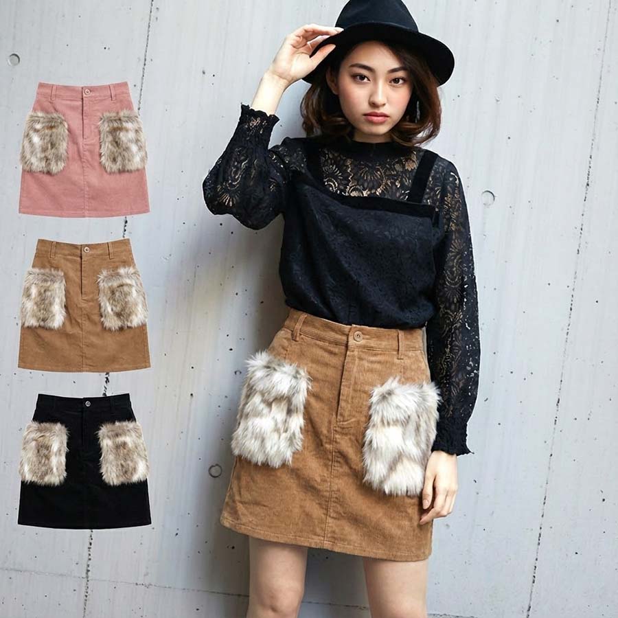 [무료 배송] Mix 에코 퍼 포함 미니 스커트 / 코듀로이 [메일 서비스 무료 배송] [WaG]