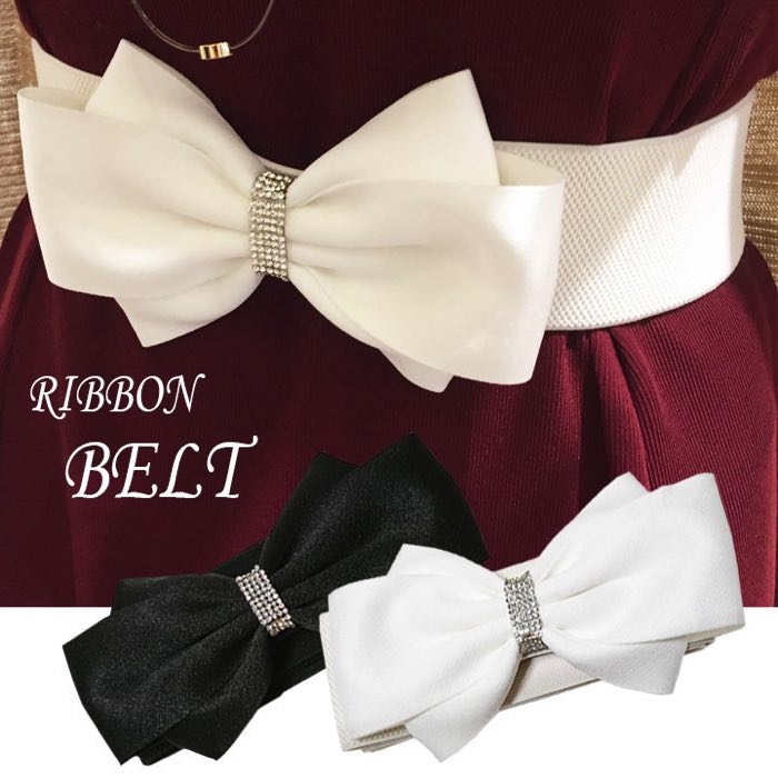 【送料無料】りぼんベルト （ ベルト リボン ゴム プチプラ ラインストーン キラキラ ホワイト ブ ...