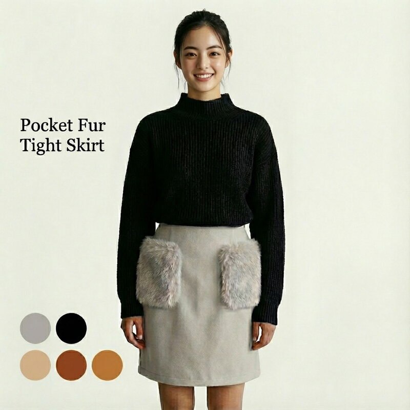【送料無料】ポケット付きタイトスカート ポケットファー スカート ウエストゴム【メール便送料無料商品】【WaG】