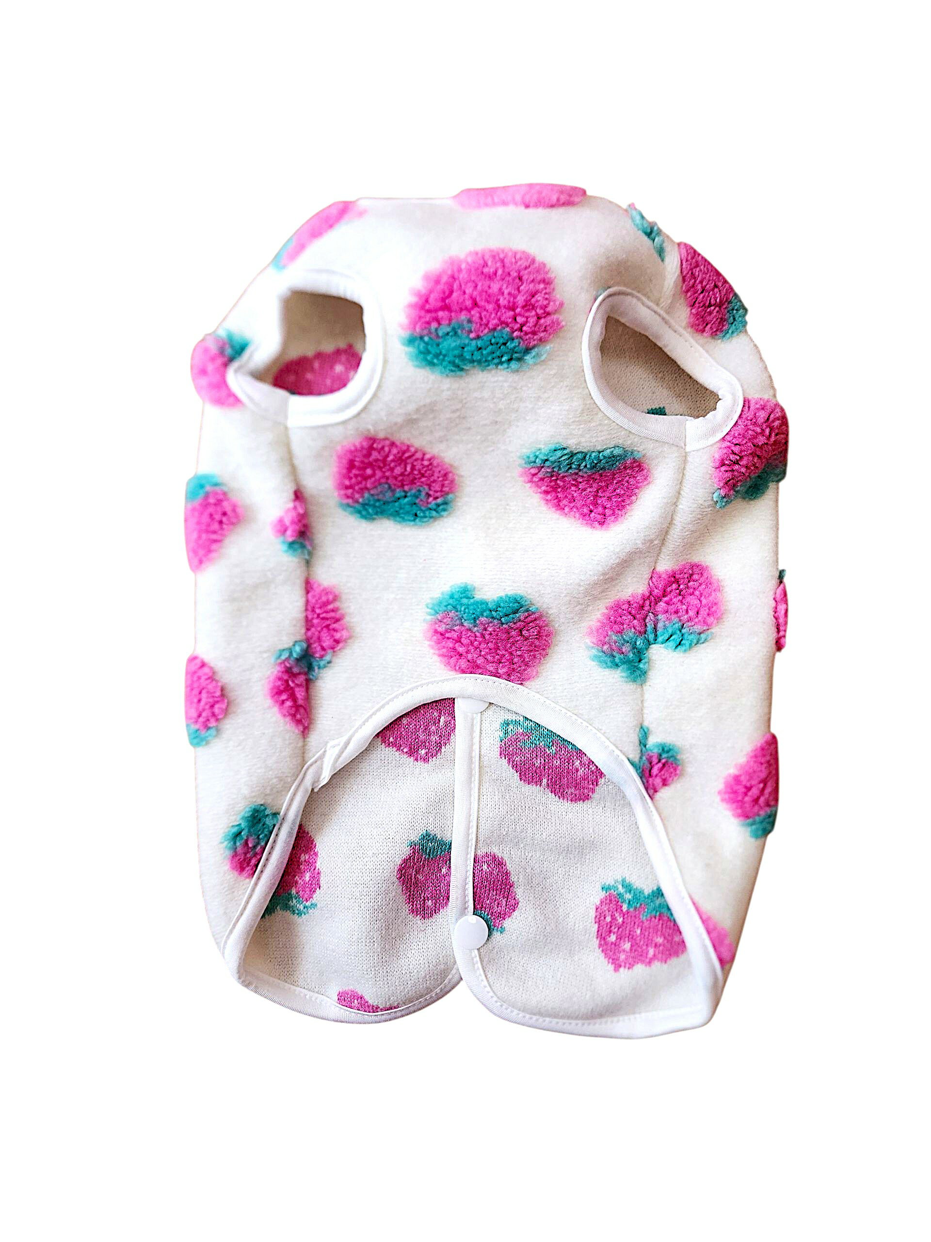 秋冬 犬服 ベスト 背中ボタン いちご柄 ボア ニット 犬用ベスト 小型犬 中型犬 おしゃれ かわいい 防寒 着せやすい 脱がせやすい 男の子 女の子 白ベース 冬用 3